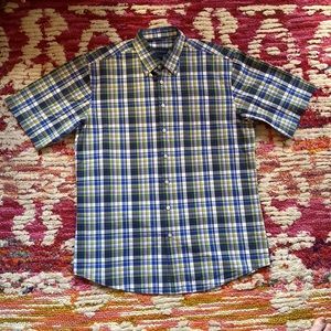Scott Barber Sz Large Cotton Short Sleeve Collared Button Down Plaid Green Blue